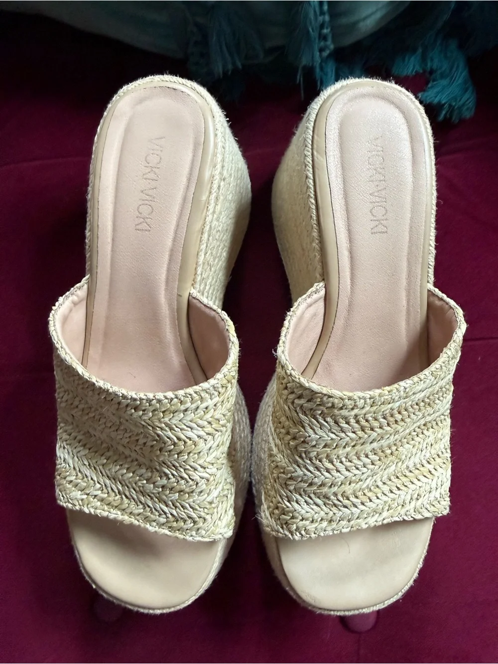 Vicki Vicki - Raffia Woven Espadrille Platform Slides - Neutral Beige -  Size 9